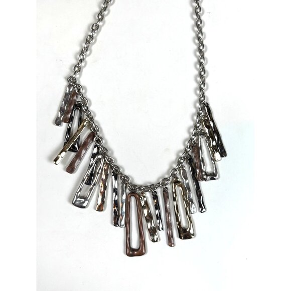 Mixed Metal Statement Necklace With Hammered Geometric Pendants & Lobster Clasp - Picture 2 of 8